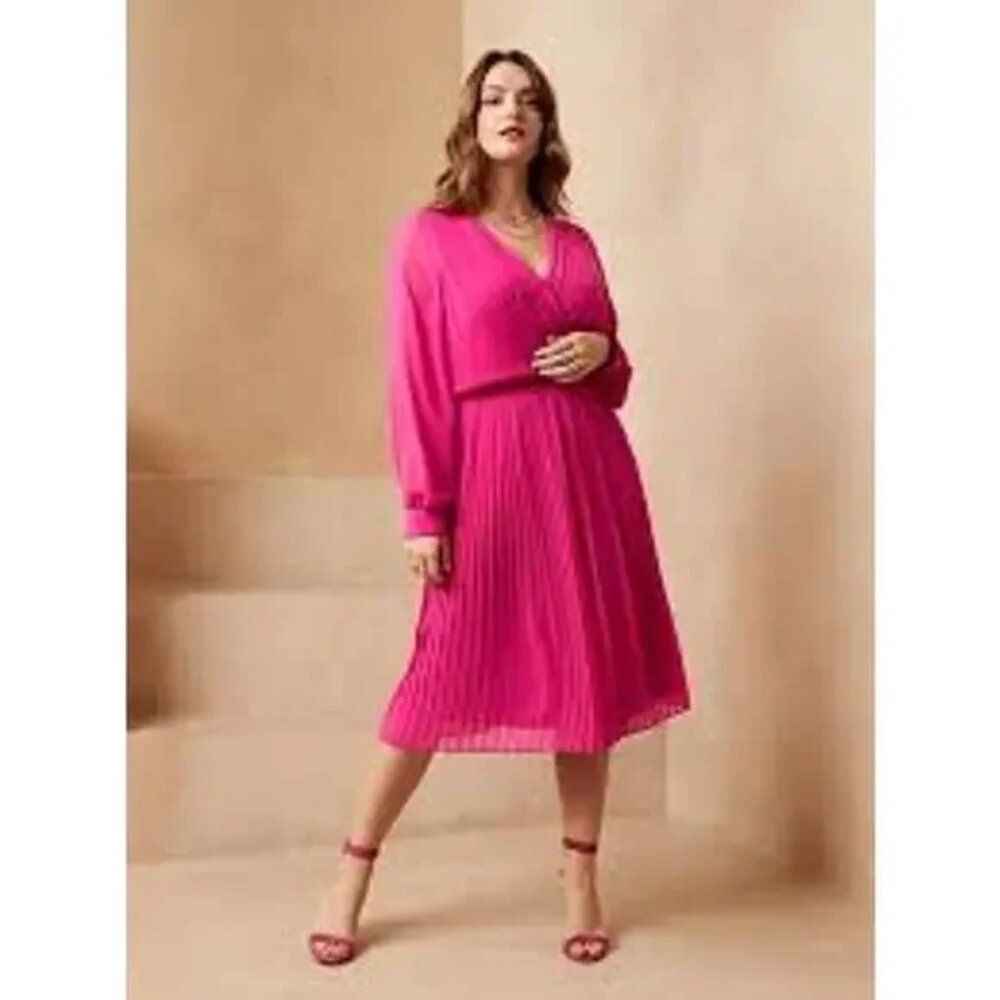 Banana Republic Blouson Sleeve Pleated Midi Dress Bright Peony Pink XS Tall NWT